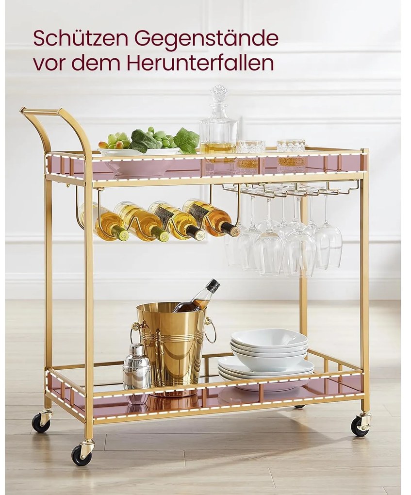 Zsúrkocsi, felszolgáló kocsi tükrös polccal 80 x 77,5 x 38 cm, arany