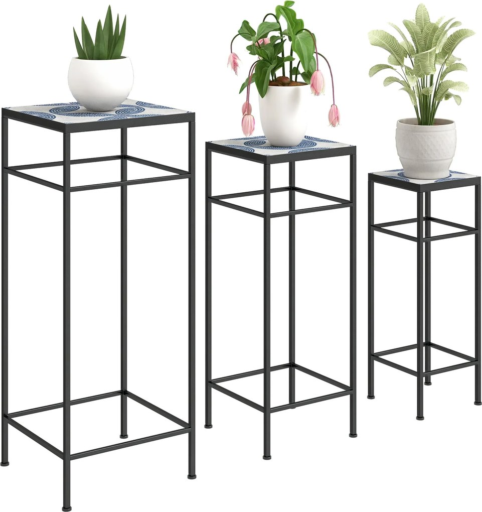 Outsunny 3 részes Virágtartó, 71 cm magas Virágtartó Beltérre, Fém Virágszekrény, 3 különböző méretű Virágtartó, Virágszék, Virágcserép állvány Nappal