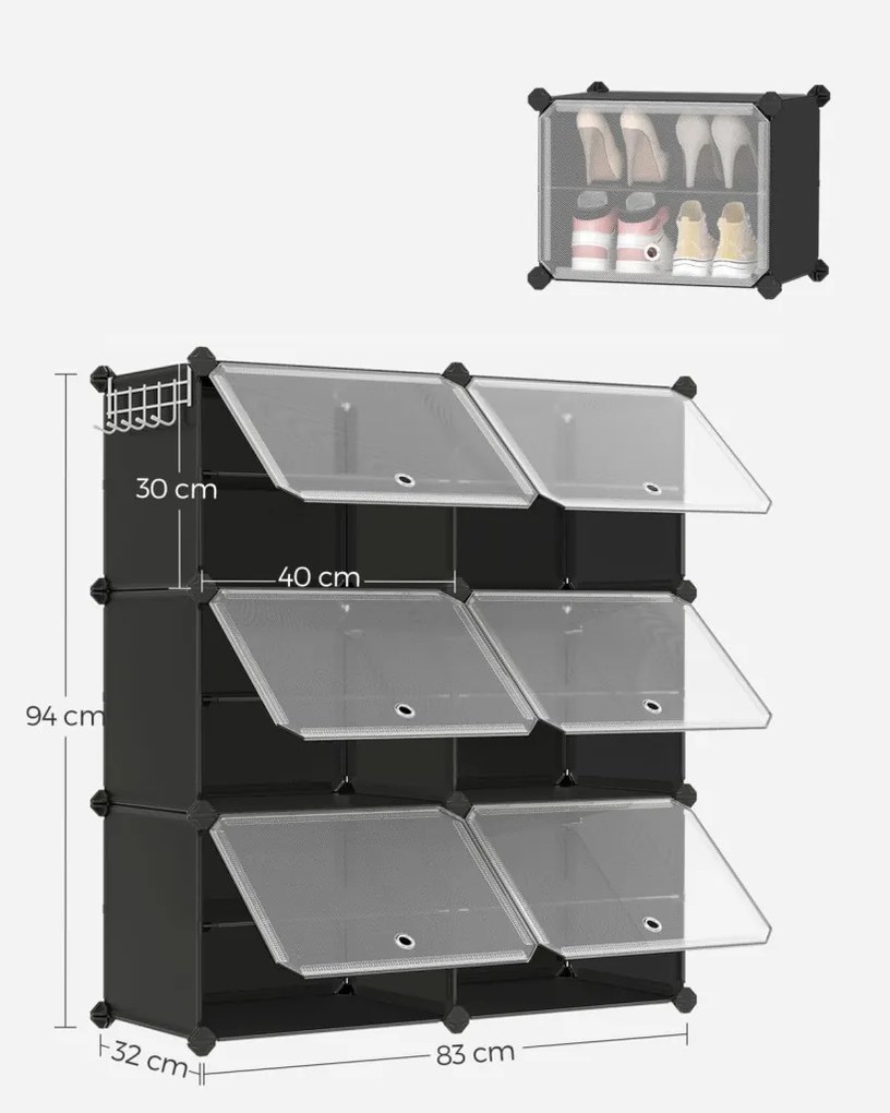 Cipőtároló doboz 6 rekeszes tárolódoboz, fekete 82x32x92cm
