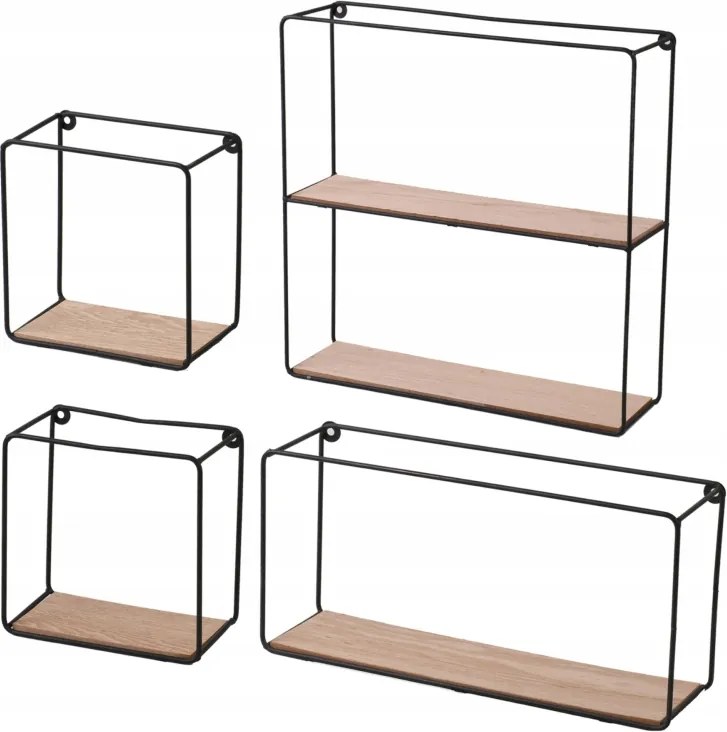 4 darabos fali polc szett, fém-fa, fekete