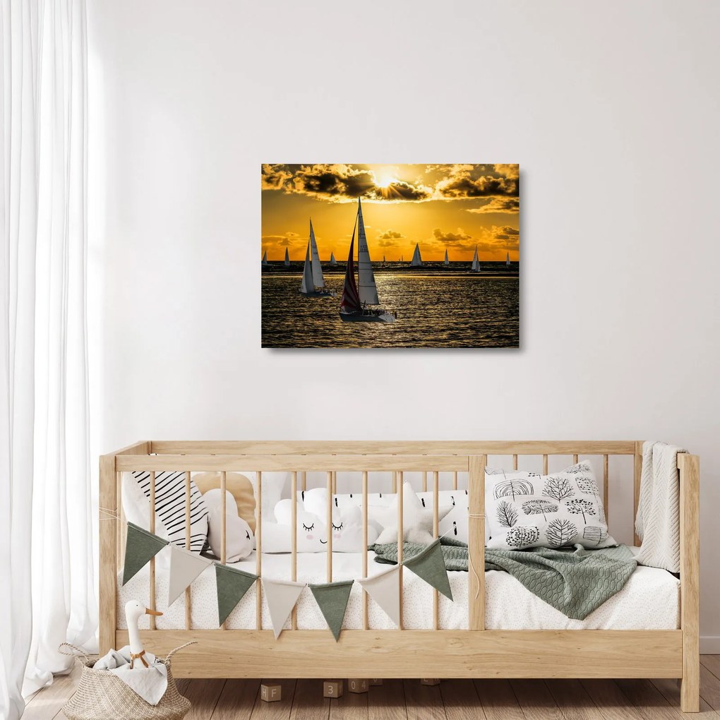 Jacht a naplementében képe (üvegen) (70x50 cm)