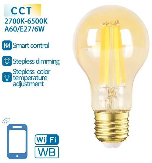 SMART WIFI-S FILAMENT LED IZZÓ 6W/E27/A60/ 2700K-6500K BOROSTYÁNSÁRGA