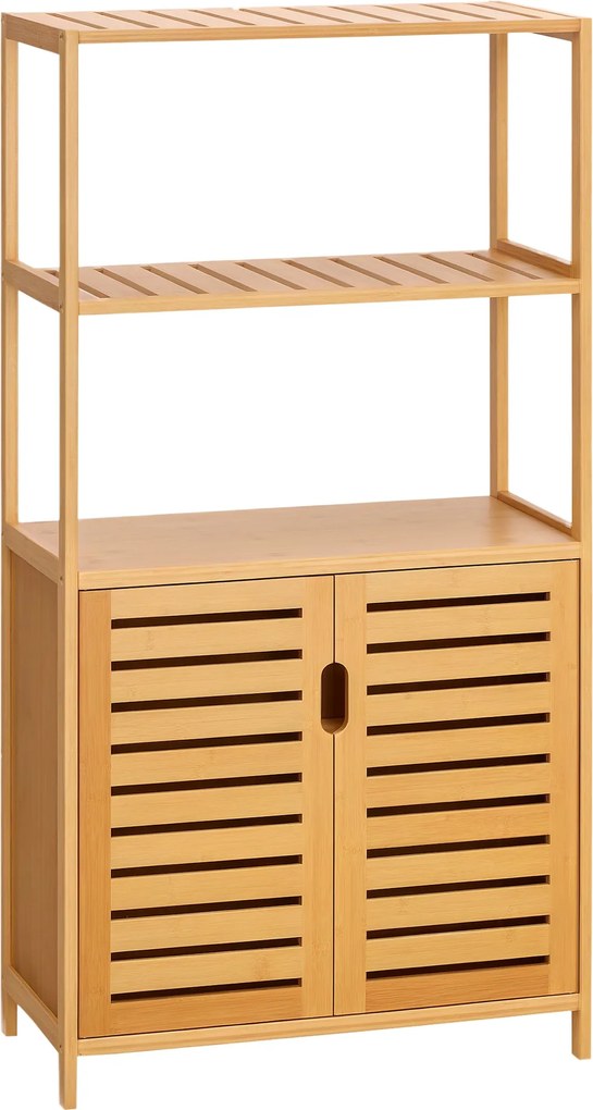 Kleankin Fürdőszoba Szekrény 2 Nyitott Polccal és 2 Ajtós Szekrénnyel, Helytakarékos Bambusz Szekrény 60x30x120cm, Természetes | Aosom