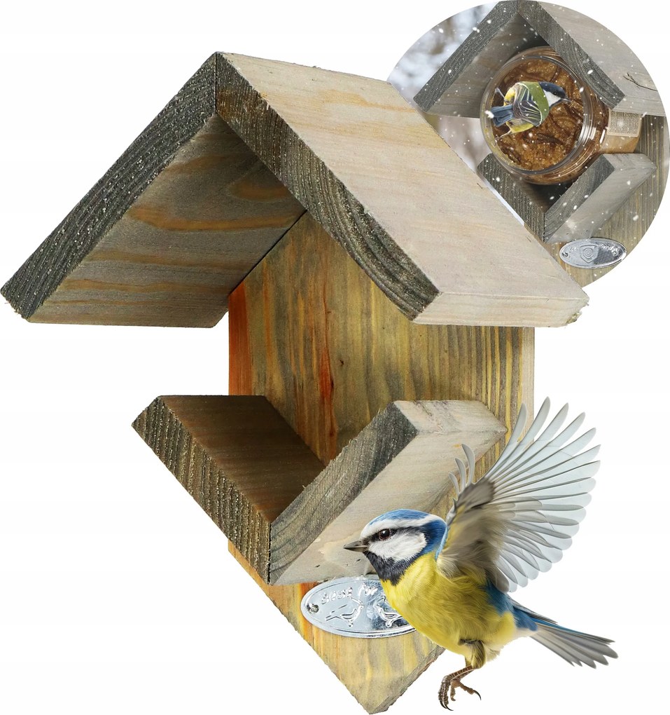 Fából készült madáretető mogyoróvaj napraforgóhoz