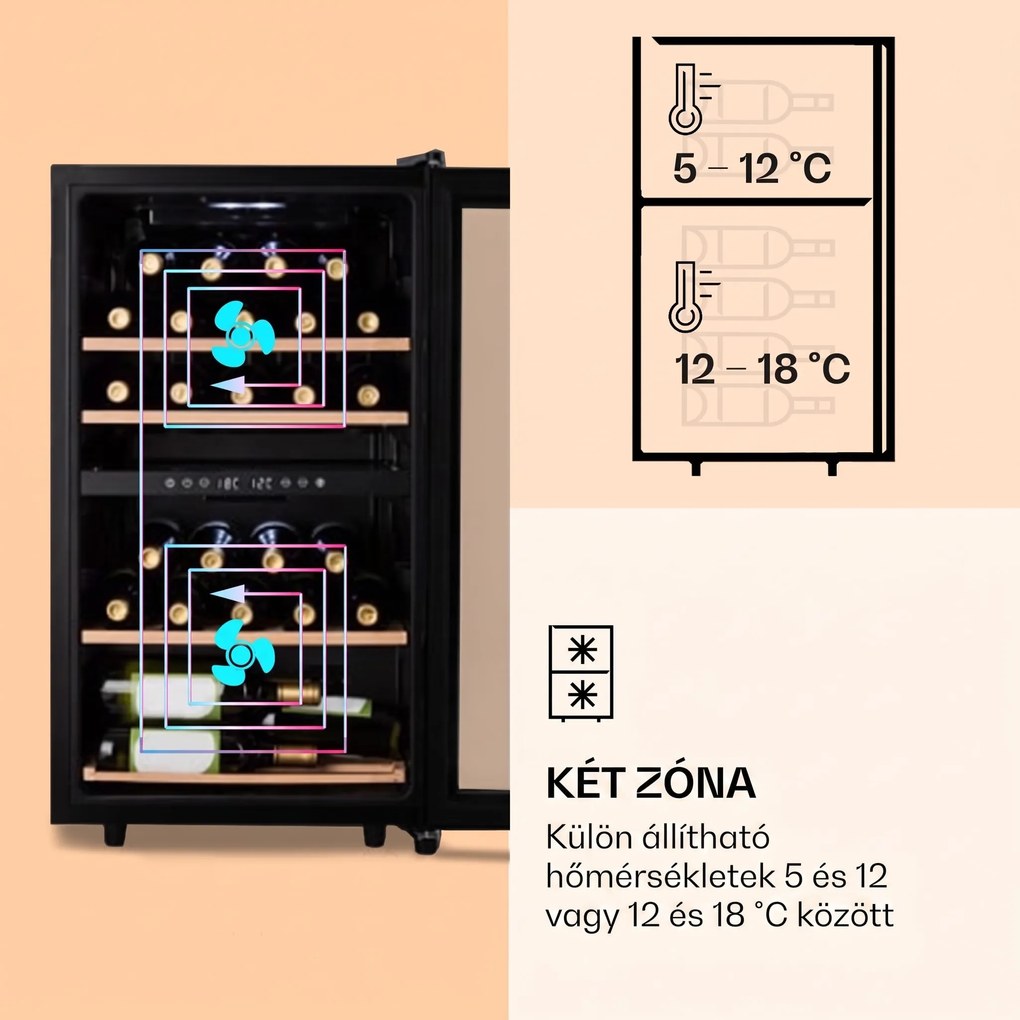 Klarstein Barossa 34 Duo, borhűtő, 2 zóna, 34 palack, üvegajtó, érintésvezérlés, fekete