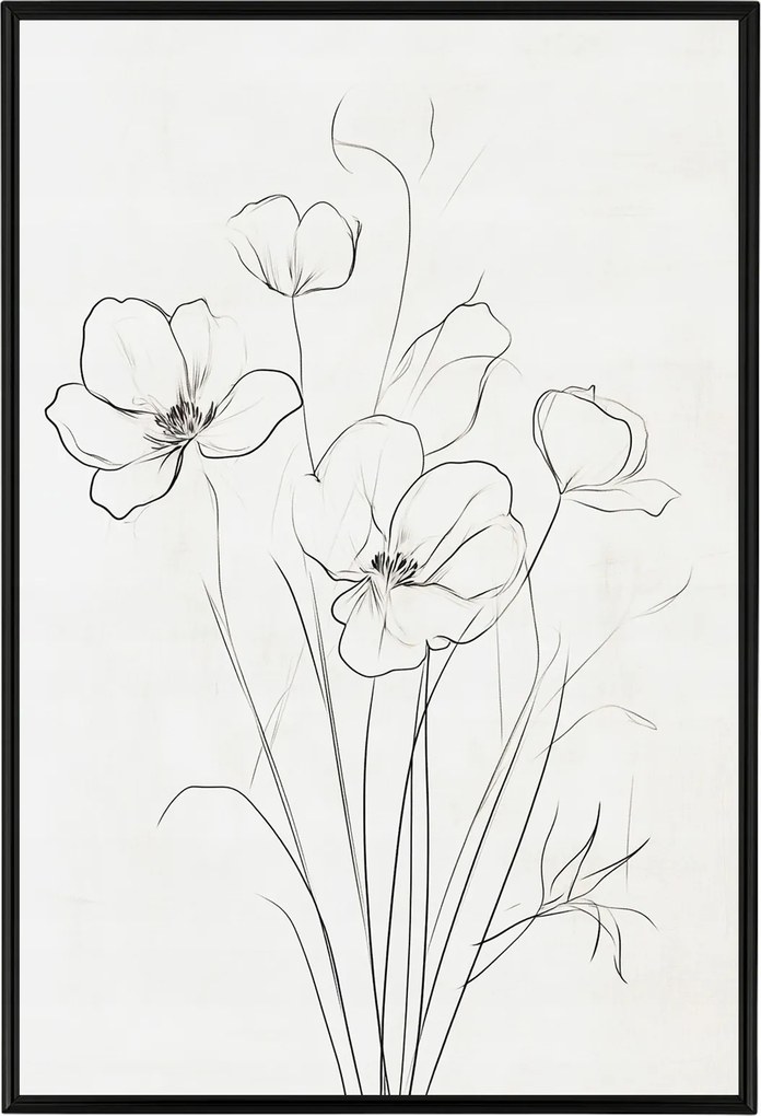 Poszter Keret Alumínium Grafika Line Art Rajz Vázlat Pipacs Virágok 40x60