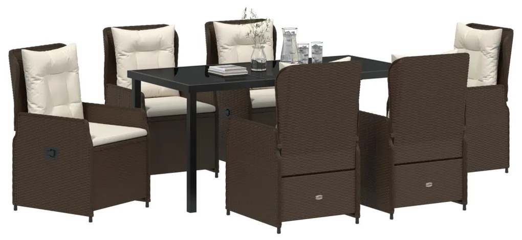 7 darabos kerti étkező garnitúra barna polirattan, kerti asztal fekete 160x80x73 cm edzett üveggel