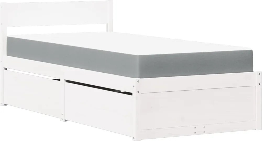 vidaXL fehér tömör fenyőfa ágy fiókokkal és matraccal 100 x 200 cm
