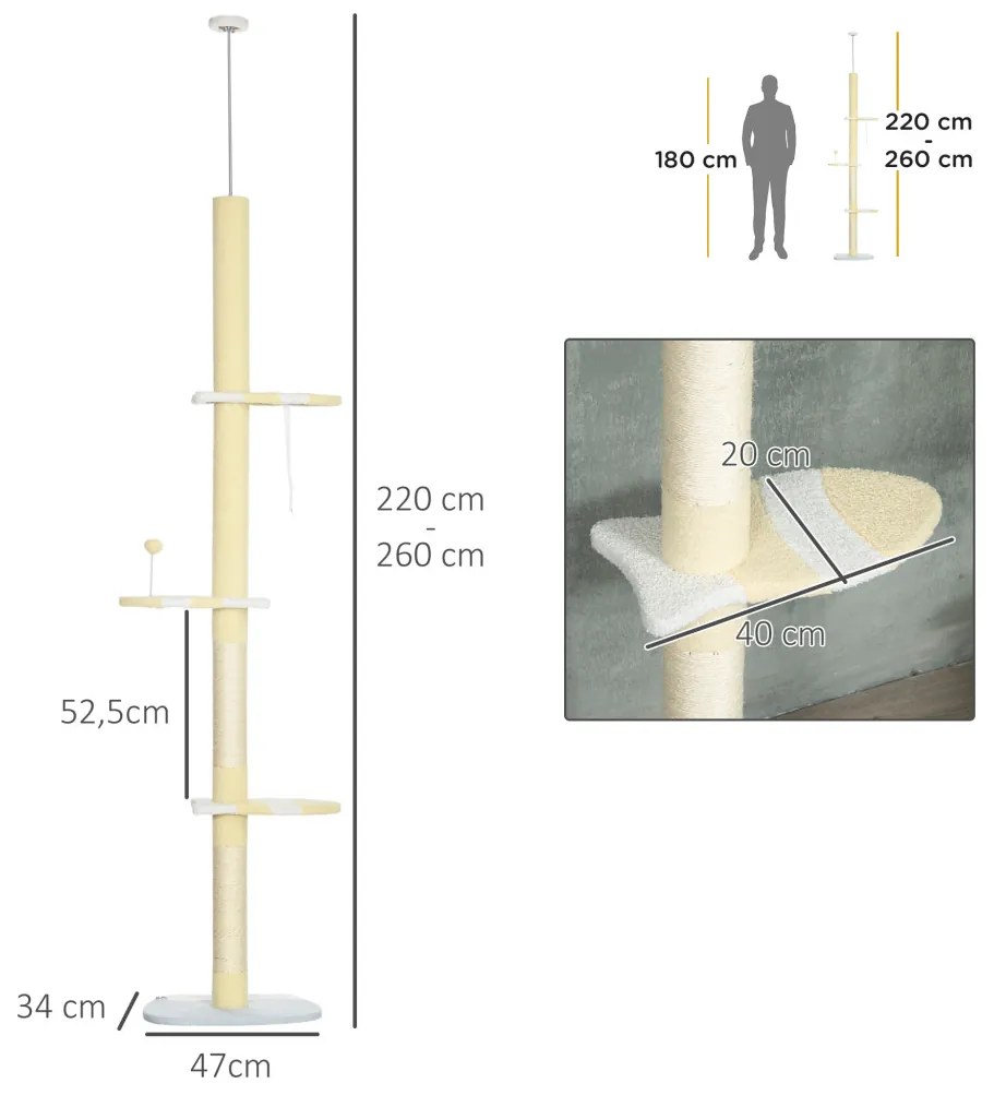 Macskakaparó, 220-260 cm, mászófa játéklabdával, állítható magasságú, sárga