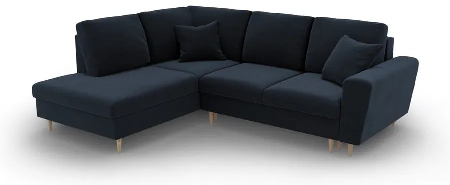 Sötétkék bársony kinyitható tárolóhelyes sarokkanapé (bal oldali-L alakú) Kyoto – Cosmopolitan Design