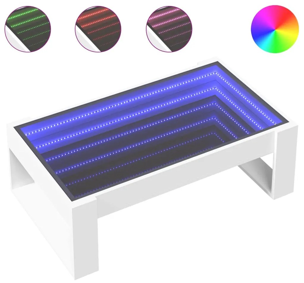 Fehér végtelen hatású LED-es dohányzóasztal 90 x 53 x 30 cm