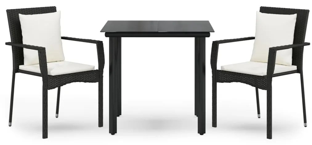 vidaXL 3 részes fekete polyrattan kerti étkezőgarnitúra párnákkal