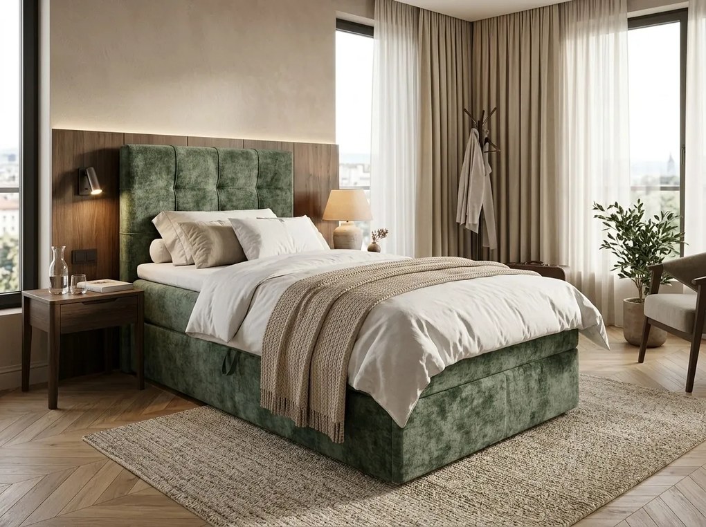 Kárpitozott boxspring ágy DIRELIS VIBE 90x200 cm sötétzöld Matrac: Bonell rugós matrac