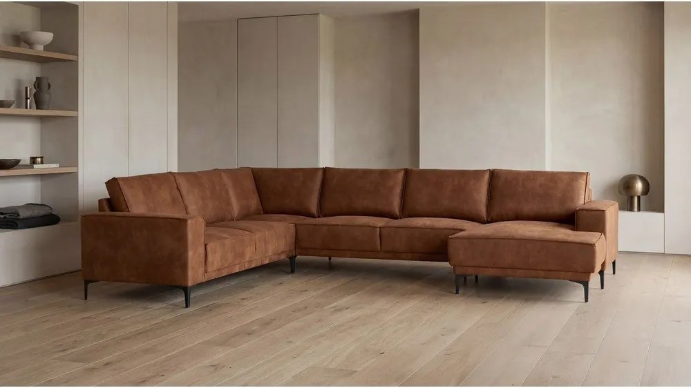 Konyakbarna bőrutánzat sarokkanapé (jobb oldali-"U" alakú) Copenhagen – Scandic