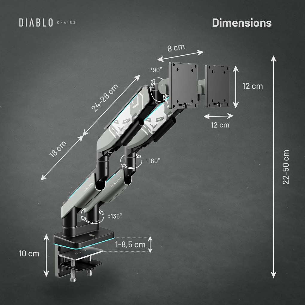 Dupla monitortartó 35" RGB, szürke-fekete: Diablo X-Arm Dual