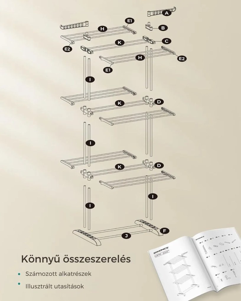 ELTON ruhaszárító 4 szintes, kerekekkel, 63,5x128x173cm, szürke/fehér SongmicsHome