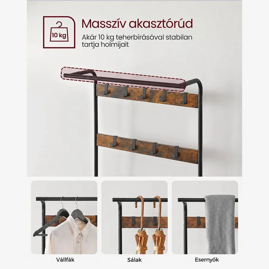 Kabáttartó, előszobafal cipőtartóval, 84 x 183 x 33,7 cm, rusztikus barna