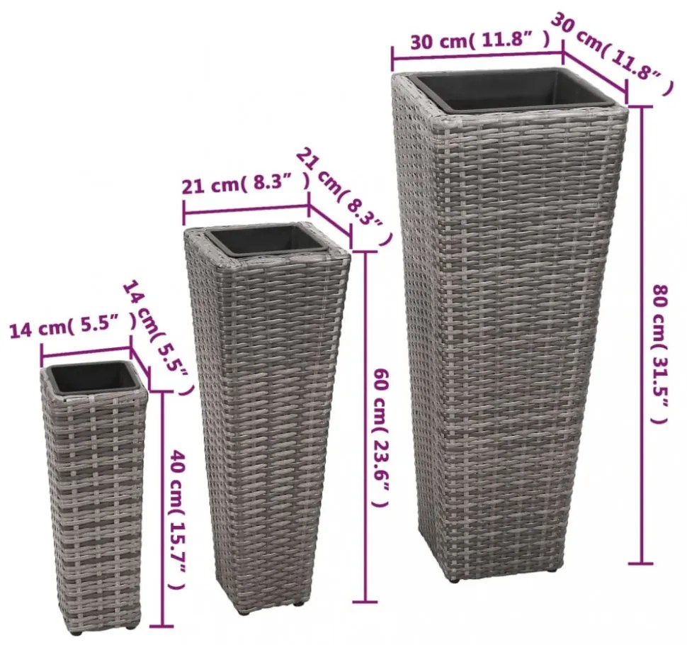 3 db szürke polyrattan kerti magaságyás