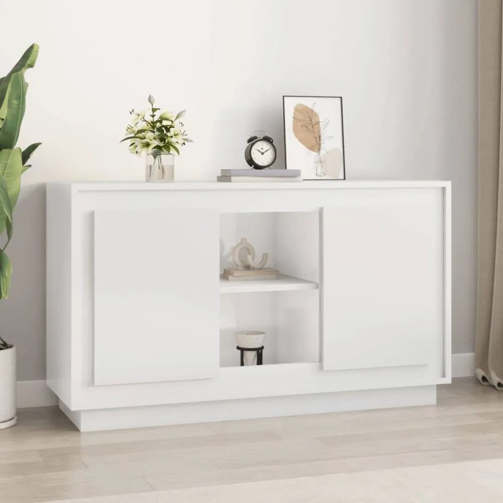 Magasfényű fehér szerelt fa tálalószekrény 102x35x60 cm