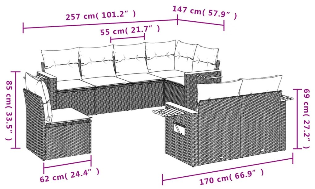 8 részes fekete polyrattan kerti ülőgarnitúra párnákkal