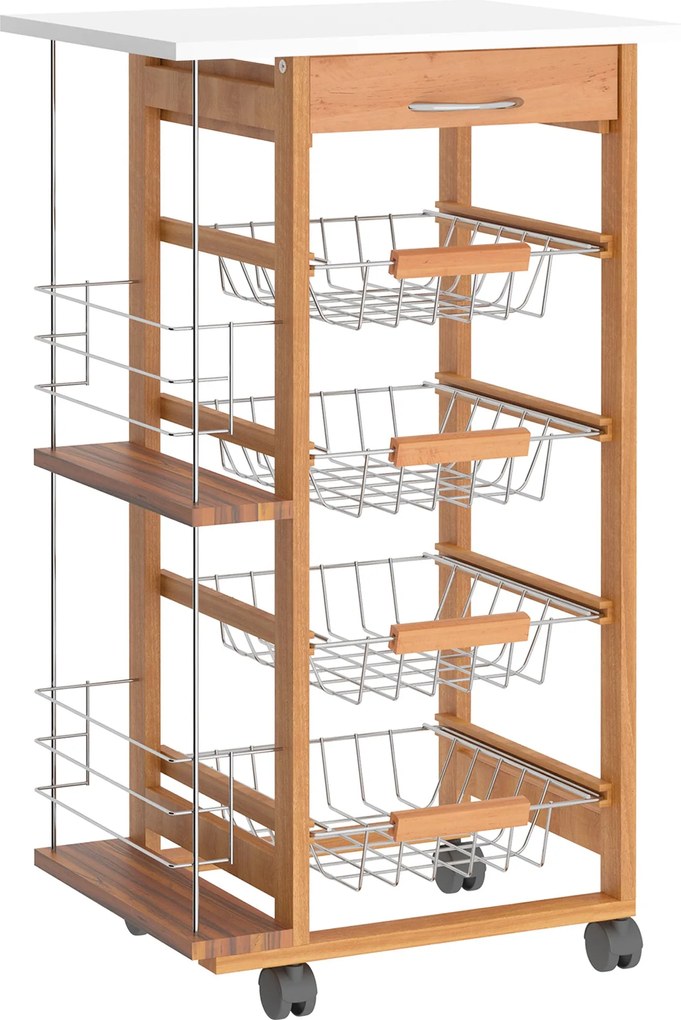 HOMCOM Konyhai Kocsi Kerekekkel, Többcélú Kocsi Fiókkal, 4 Leszedhető Fém Kosárral és Oldalsó Polcokkal 47x37x83 cm Természetes Fából | Aosom