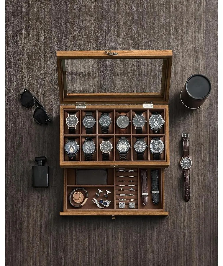 12 rekeszes óratartó doboz rusztikus dió színben