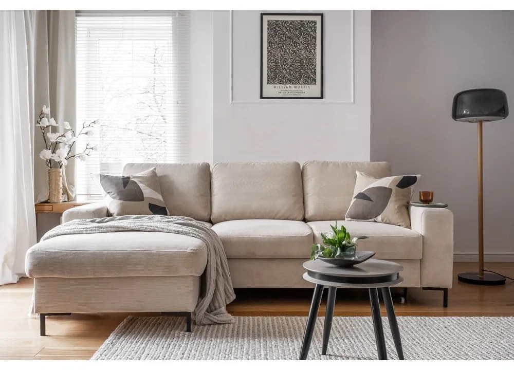 Bézs kordbársony kinyitható sarokkanapé (bal oldali) Lofty Lilly – Miuform