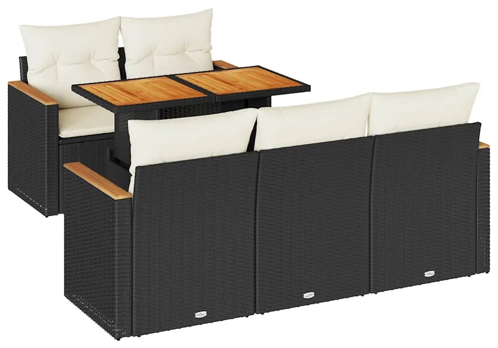 6 részes fekete polyrattan akácfa kerti ülőgarnitúra párnákkal