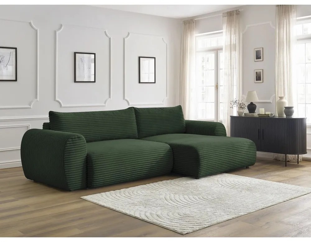 Sötétzöld kordbársony kinyitható sarokkanapé (jobb oldali) Lucien – Bobochic Paris