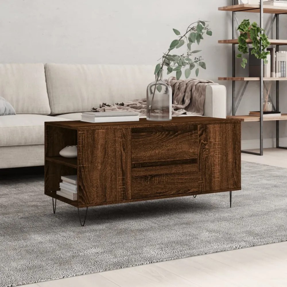 barna tölgyszínű szerelt fa dohányzóasztal 102 x 44,5 x 50 cm