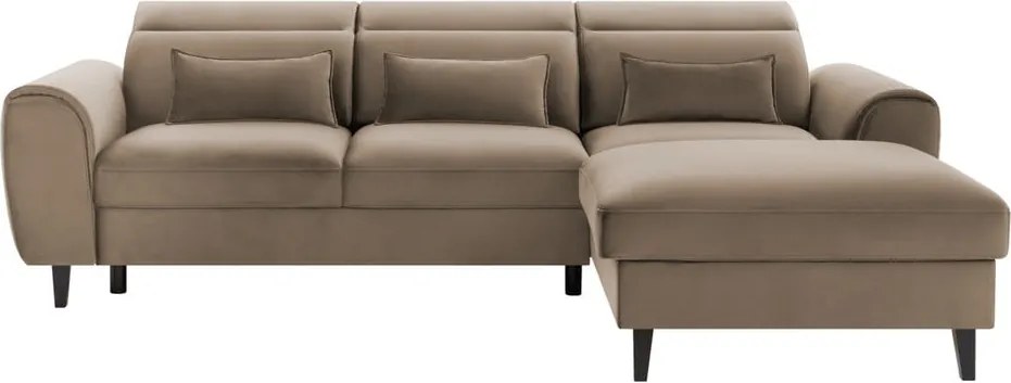 Világosbarna bársony kinyitható-tárolóhelyes sarokkanapé (jobb oldali-heverő résszel) Foble – ELTAP