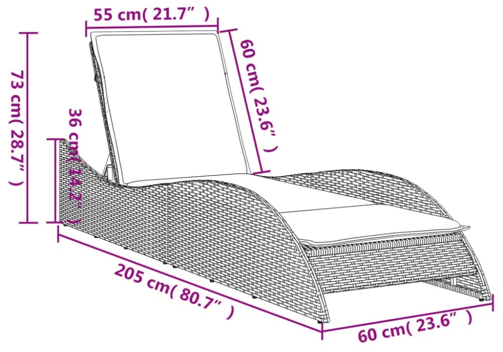 barna polyrattan napozóágy párnával 60x205x73 cm