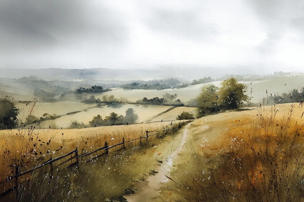 Fotótapéta Flizelina Akvarell Tájkép Falu Dombok Mező Út 416x290 ragasztó