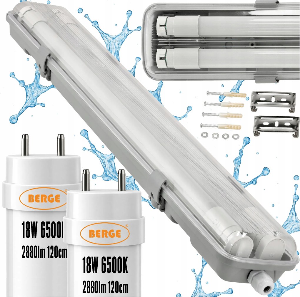 Hermetikus lámpatest 120cm 36W 5760lm 6500K+ 2x Led fénycső Vízálló