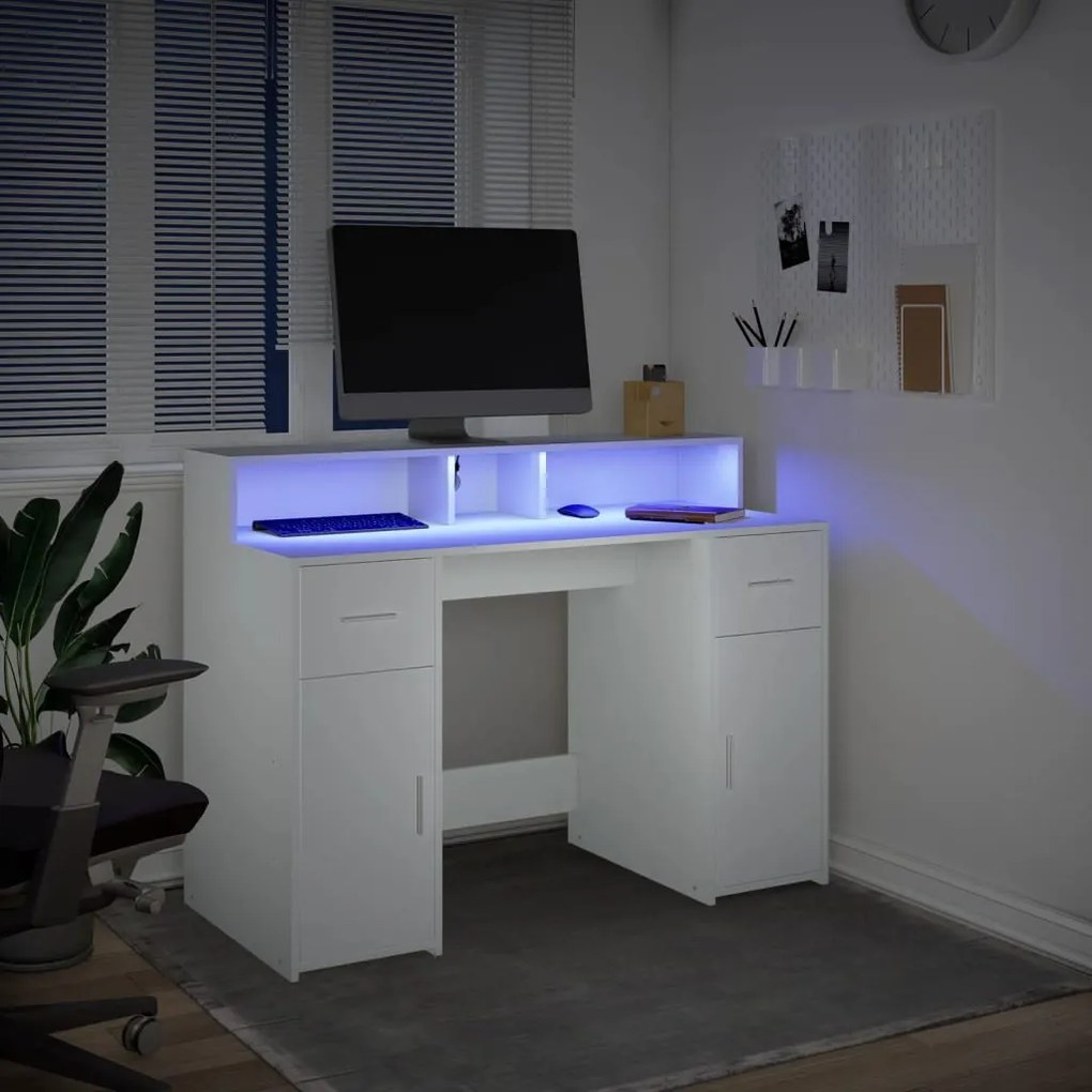 fehér szerelt fa íróasztal LED-világítással 120 x 55 x 91 cm
