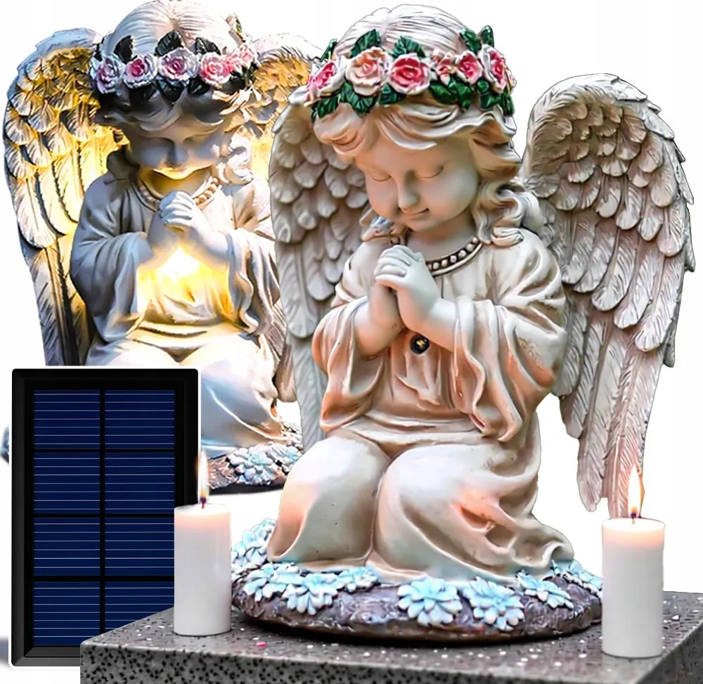 Angyal LED-es napelemes angyalka Halottak napjára Karácsonyi baba sír