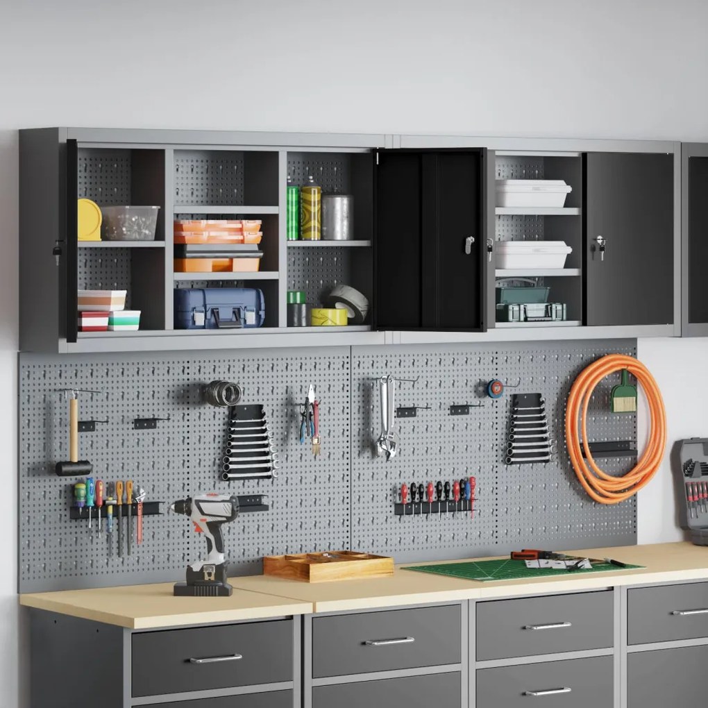 4 darabos szerszámos szekrény és pegboard készlet, falra szerelhető, fekete fém