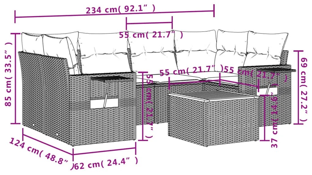 7 részes szürke polyrattan kerti ülőgarnitúra párnákkal