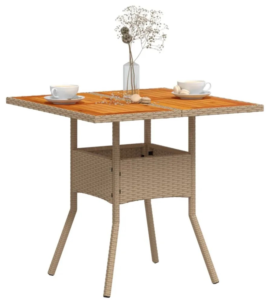 bézs polyrattan és akácfa kerti asztal 80 x 80 x 75 cm