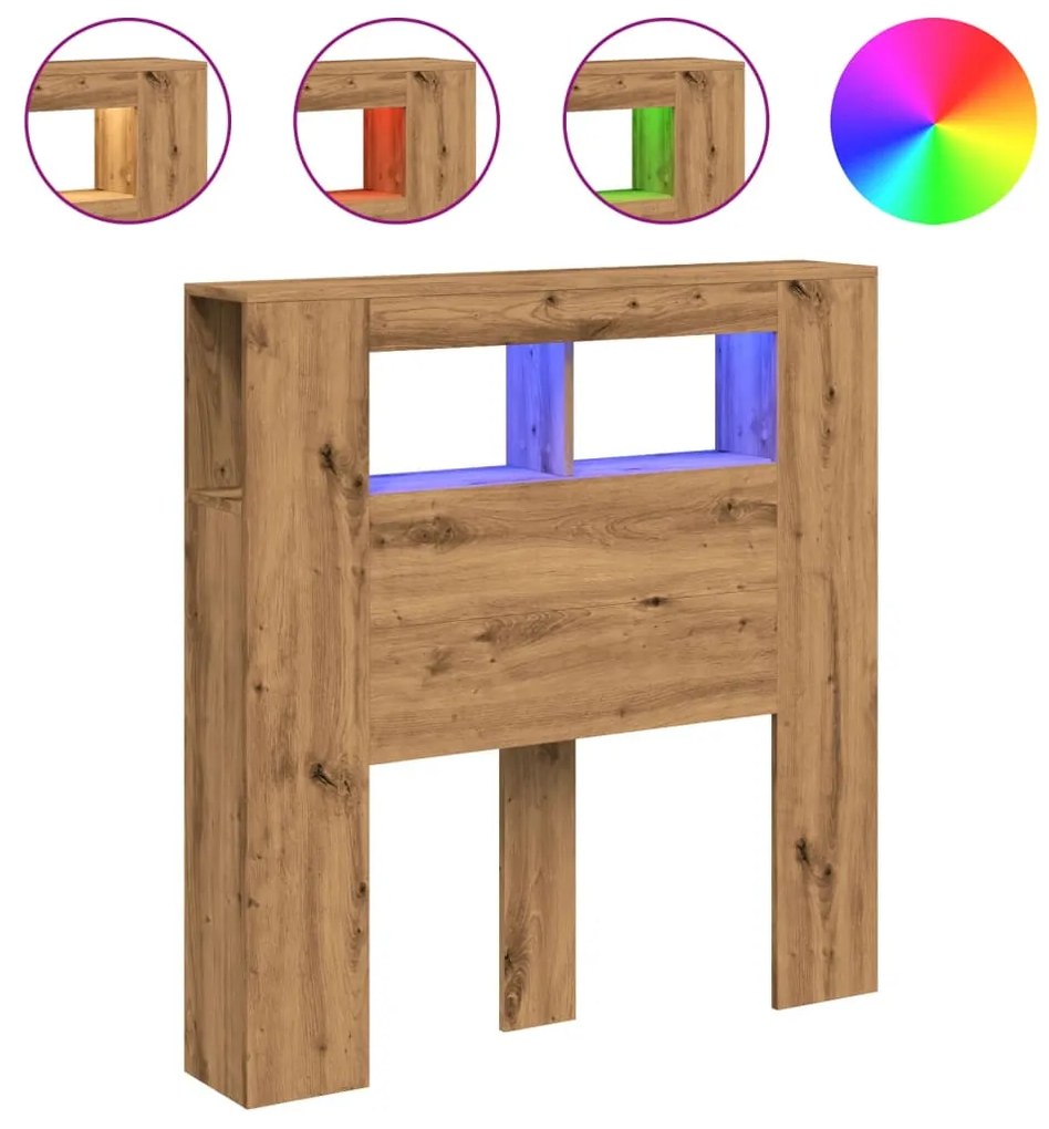 kézműves tölgyszínű szerelt fa LED-es fejtámla 100x18,5x103,5cm