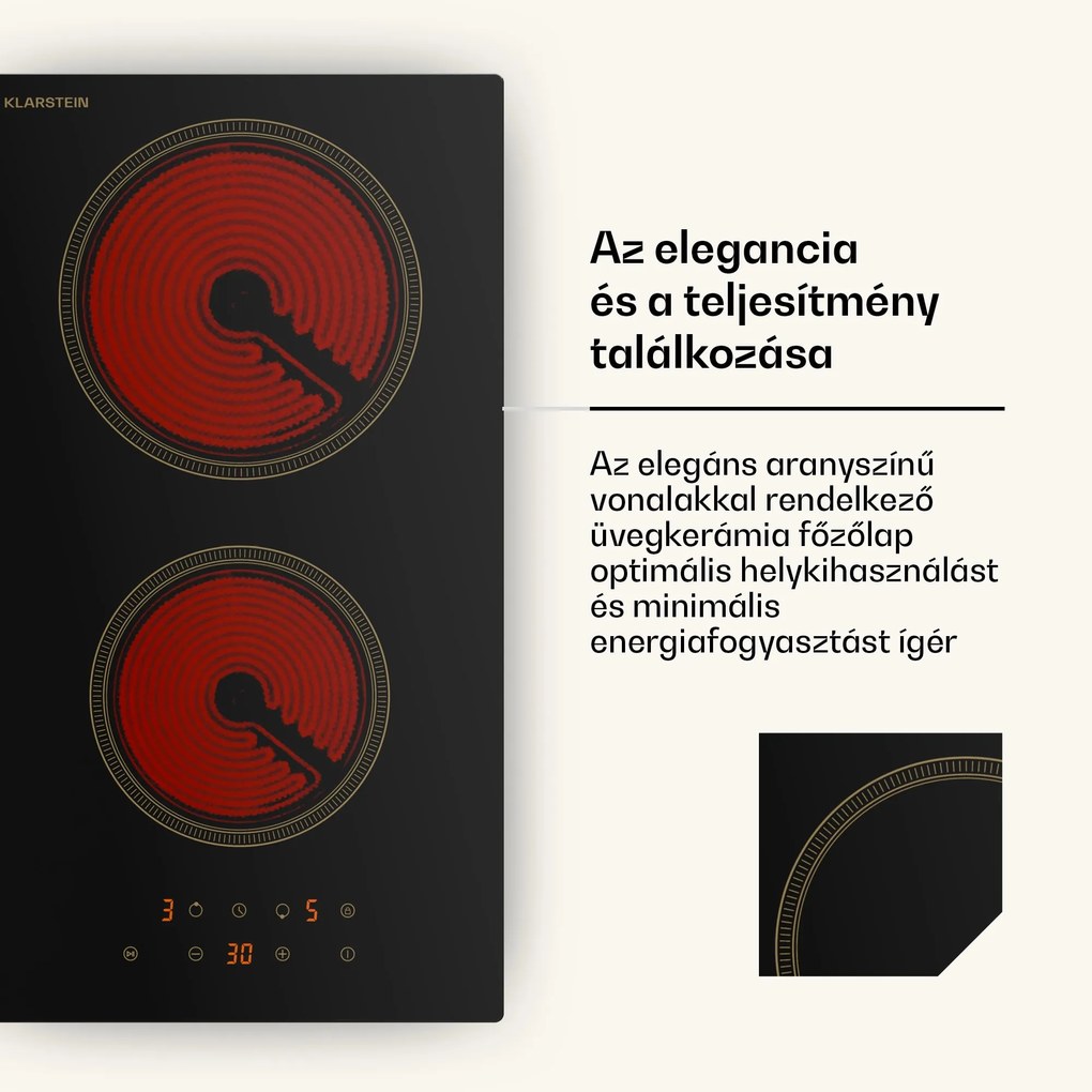 Klarstein Victoria kerámia főzőlap, 2 zónás, elegáns, időtálló, 3000 W, 30 cm
