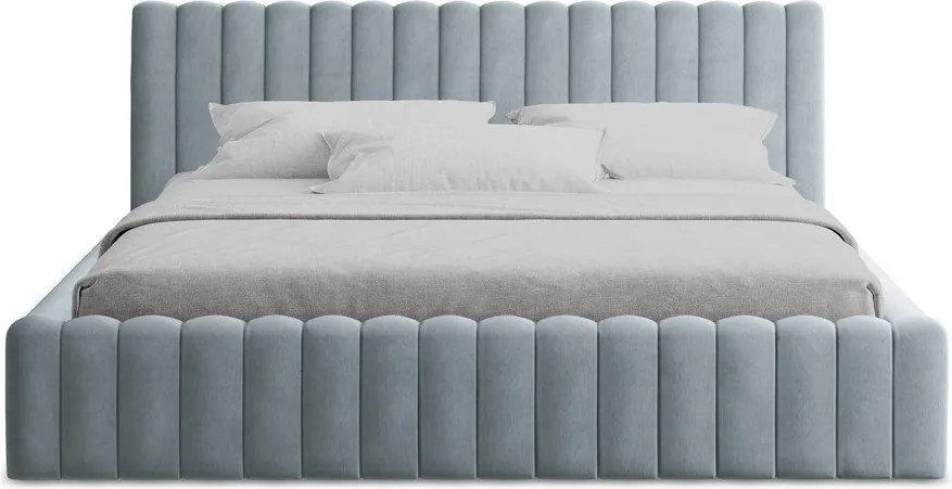 Világoskék kárpitozott ágyneműtartós franciaágy ágyráccsal 160x200 cm Lemi – Makamii