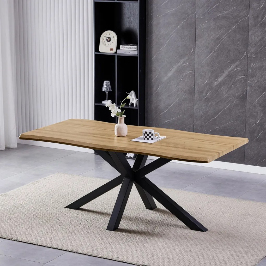 Étkezőasztal, 180x90x75 cm, MDF lap, vadtölgy dekor, csillag alakú fém láb