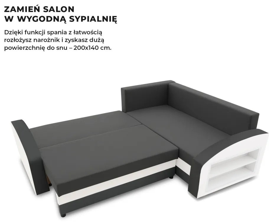 Grande sarokkanapé polcokkal , polc a jobb karfaban, jobboldali, szövet anyag, bonell töltet, szürke - fehér