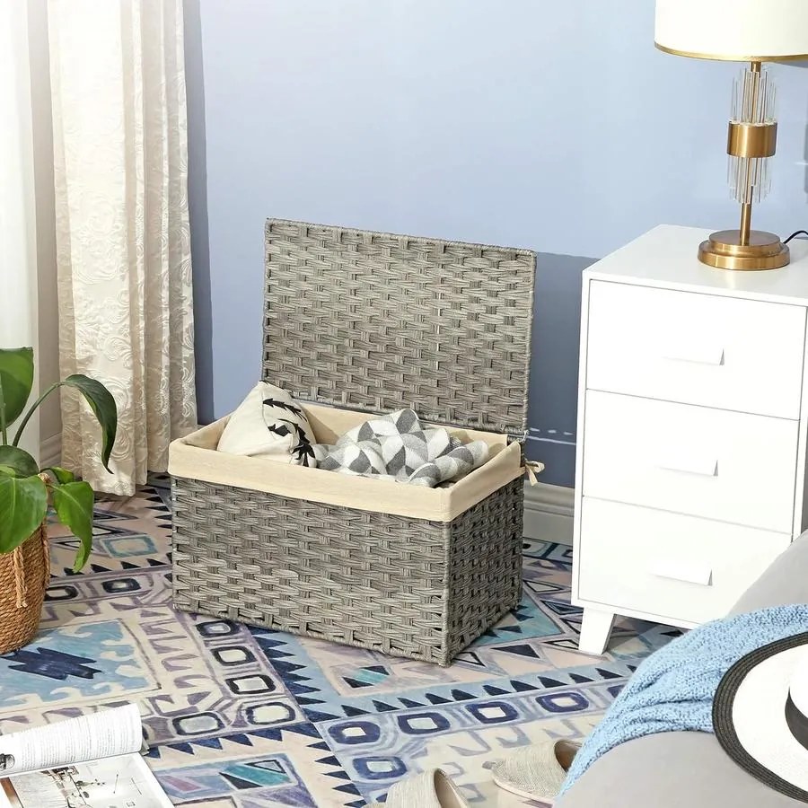Rattan stílusú tárolódoboz, tároló kosár, 65 literes, szürke