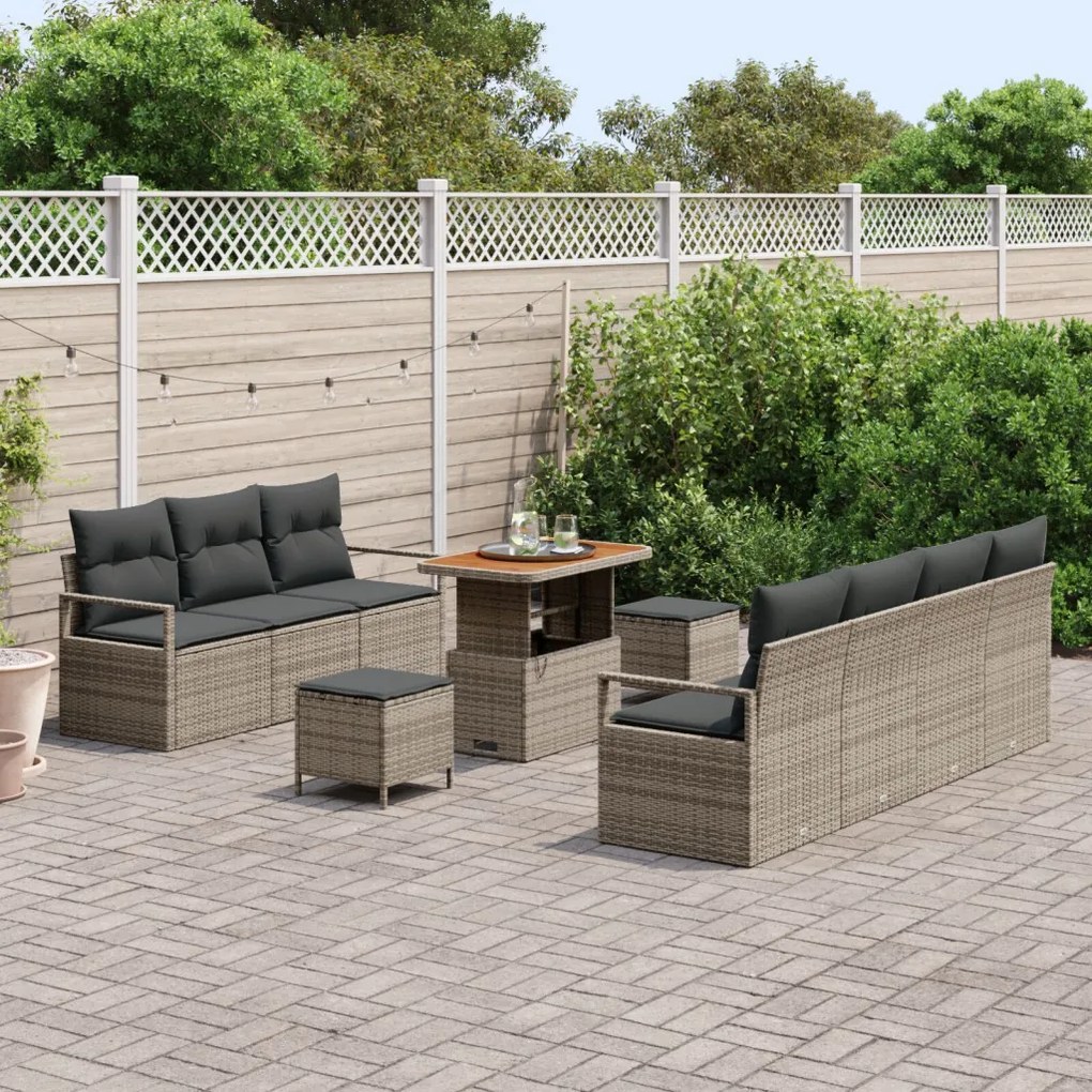 10 Darabos Kert Kanapé Készlet Párnákkal Szürke Poli Rattan Akácia, 2 Személyes Kert Kanapé Párnákkal Szürke Poli Rattan, 3 Darabos Kert Étkező Készlet Párnákkal Szürke Poli Rattan Akácia