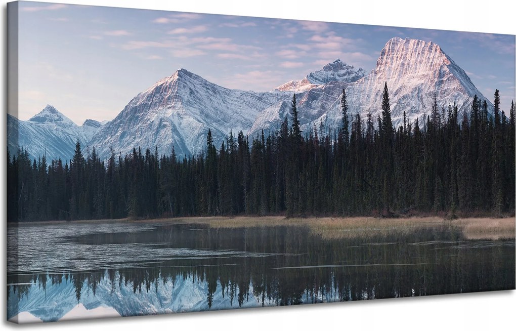 Vászonkép Tópart Víz Erdők Hó hegyek 120x60 cm