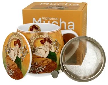 Porcelánbögre tetővel,fémszűrővel 430ml,dobozban, Mucha:Topáz