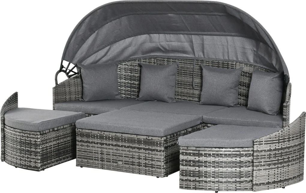 Outsunny Rattan Napozóágy 4-Darabos Napernyővel és Ülőgarnitúrával, 4 Párnával, Szürke Fém 230 x 145 x 80 cm | Aosom