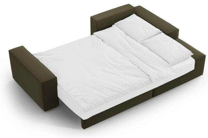 Zöld bársony kinyitható-tárolóhelyes sarokkanapé (jobb oldali-heverő résszel) Jodie – Micadoni